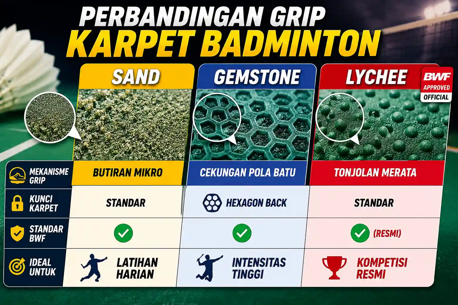 perbedaan-sand-gemstone-dan-lychee-untuk-karpet-badminton